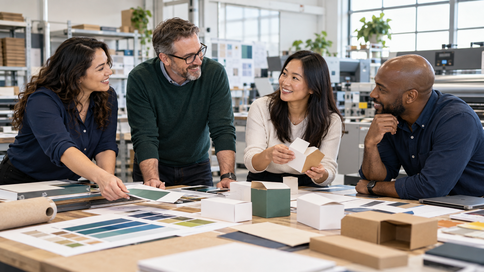 Illustration of four colleagues from different backgrounds collaborating on print and packaging samples