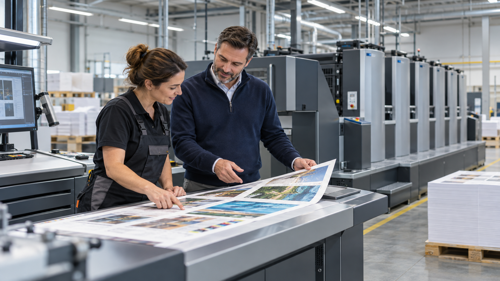 Illustration of a general manager and press operator inspecting a printed proof in a modern press facility